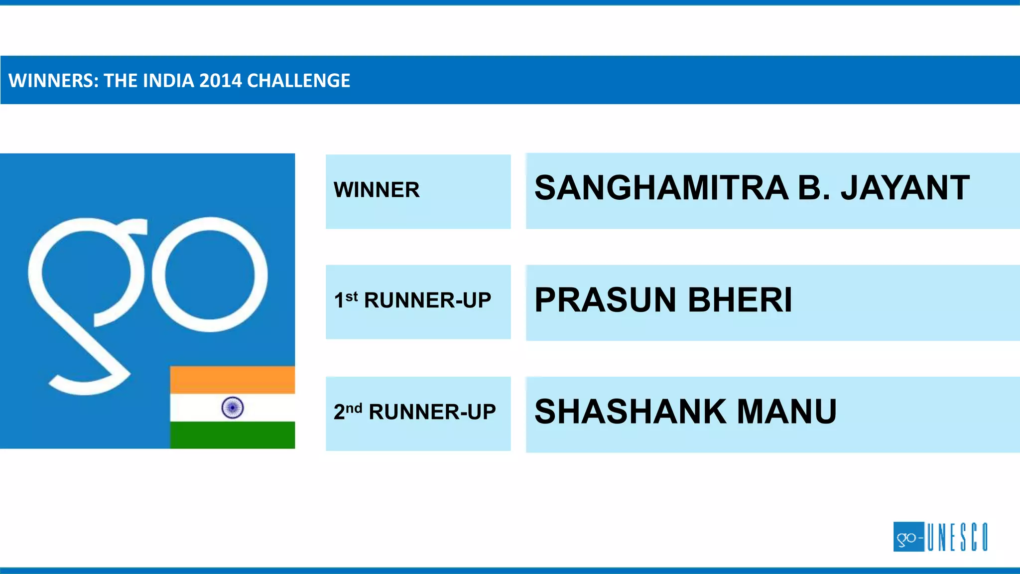 #makeheritagefun events is a global, heritage engagement campaign
HOW DOES IT WORK?: GO HERITAGE RUNS
IMPACT:
 Events organized in 100+ cities in 30+ countries across 5 continents in latest edition (March 2016)
 School children, college students, heritage enthusiasts
 Wide range of activities – treasure hunts, quiz, heritage walks, painting competitions, costumed visits.
OBJECTIVE
AUDIENCE
PROCEDURE
Initiate conversations about heritage – both online and offline.
Laypersons and experts interested in heritage.
Volunteer plan and organize event in a city. GoUNESCO coordinates
and supports. Participants to Explore, Document and Share at event
INCENTIVE Ownership of event, participate in a global effort.
 
