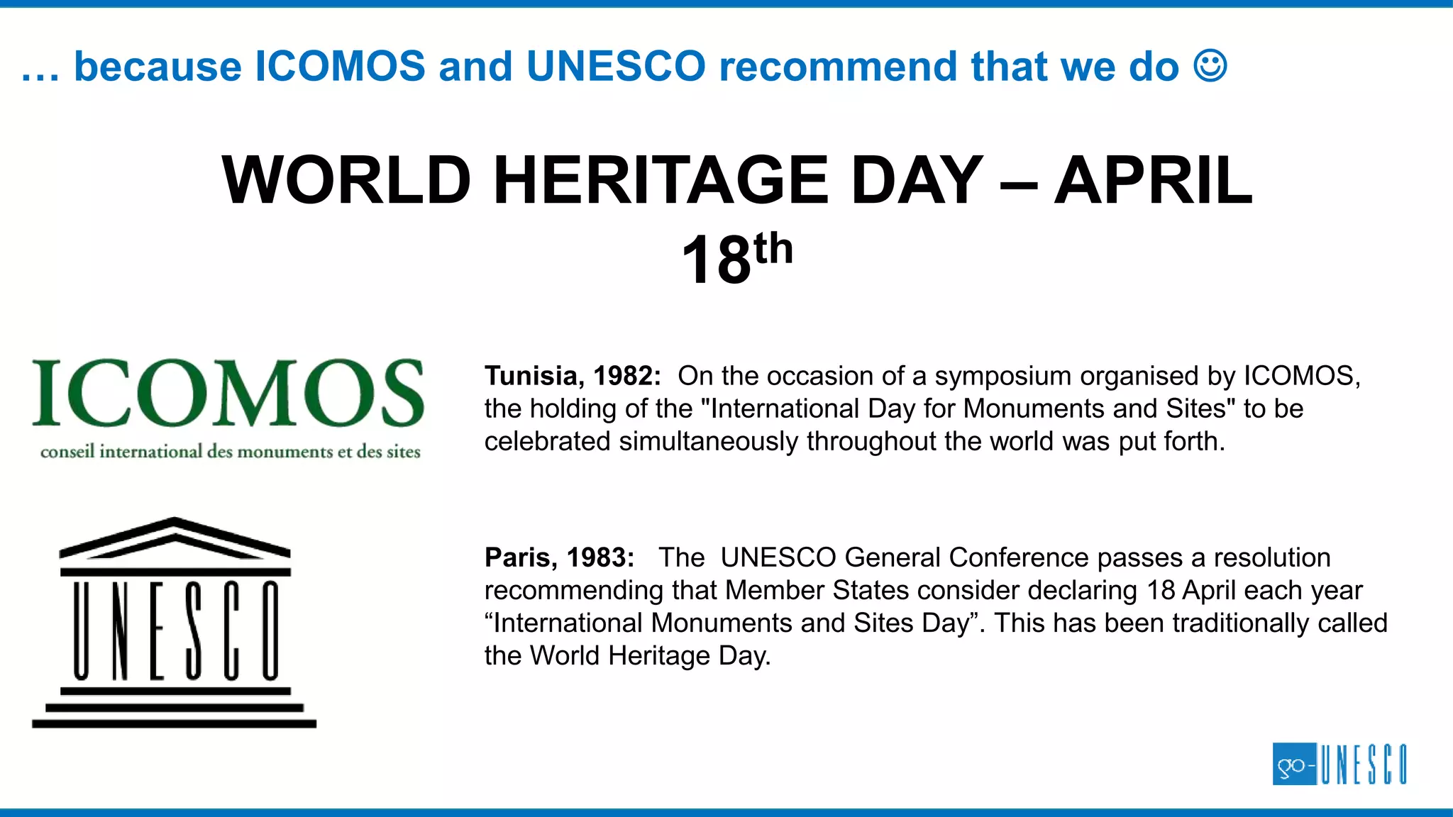  Global Student Internship
Program
 Founded in 2014
 Over 600 participants from
more than 30 countries
 Discovery of local heritage
and emphasis on intangible
heritage
 Co-ordinated global
campaign
 Organized in more than
100 cities across 5
continents
 www.makeheritagefun.com
#makeheritagefun
 Inspires travel to UNESCO
WHS globally
 Founded in 2012
 UNESCO Approved
 Country-level Challenges
 Global Challenges
 World-renowned
bloggers, photographers and
travelers participate
 www.gounesco.com
 Heritage run-vacation series
 9 runs and over 4000
runners since 2014
 Network of partners and non-
profit heritage associations.
 2015 Manthan Award winner
in the e-Culture, Heritage &
Tourism category
 www.goheritagerun.com
Through scalable products with reach and validation across the world
WHAT WE DO: PRODUCTS
 