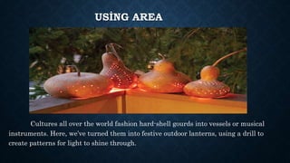 USİNG AREA
Cultures all over the world fashion hard-shell gourds into vessels or musical
instruments. Here, we’ve turned them into festive outdoor lanterns, using a drill to
create patterns for light to shine through.
 
