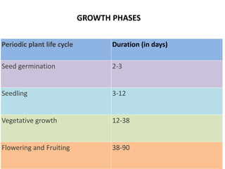 7
GROWTH PHASES
Periodic plant life cycle Duration (in days)
Seed germination 2-3
Seedling 3-12
Vegetative growth 12-38
Flowering and Fruiting 38-90
 