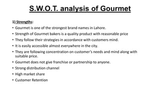 S.W.O.T. analysis of Gourmet
1) Strengths:
• Gourmet is one of the strongest brand names in Lahore.
• Strength of Gourmet bakers is a quality product with reasonable price
• They follow their strategies in accordance with customers mind.
• It is easily accessible almost everywhere in the city.
• They are following concentration on customer’s needs and mind along with
suitable price.
• Gourmet does not give franchise or partnership to anyone.
• Strong distribution channel
• High market share
• Customer Retention
 