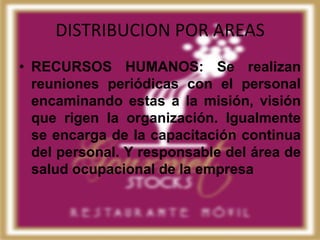 DISTRIBUCION POR AREAS
• RECURSOS HUMANOS: Se realizan
  reuniones periódicas con el personal
  encaminando estas a la misión, visión
  que rigen la organización. Igualmente
  se encarga de la capacitación continua
  del personal. Y responsable del área de
  salud ocupacional de la empresa
 