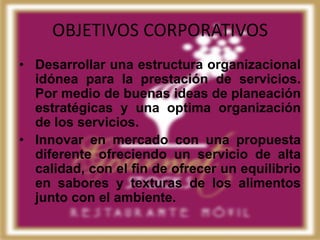 OBJETIVOS CORPORATIVOS
• Desarrollar una estructura organizacional
  idónea para la prestación de servicios.
  Por medio de buenas ideas de planeación
  estratégicas y una optima organización
  de los servicios.
• Innovar en mercado con una propuesta
  diferente ofreciendo un servicio de alta
  calidad, con el fin de ofrecer un equilibrio
  en sabores y texturas de los alimentos
  junto con el ambiente.
 