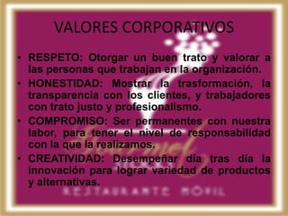 VALORES CORPORATIVOS
• RESPETO: Otorgar un buen trato y valorar a
  las personas que trabajan en la organización.
• HONESTIDAD: Mostrar la trasformación, la
  transparencia con los clientes, y trabajadores
  con trato justo y profesionalismo.
• COMPROMISO: Ser permanentes con nuestra
  labor, para tener el nivel de responsabilidad
  con la que la realizamos.
• CREATIVIDAD: Desempeñar día tras día la
  innovación para lograr variedad de productos
  y alternativas.
 