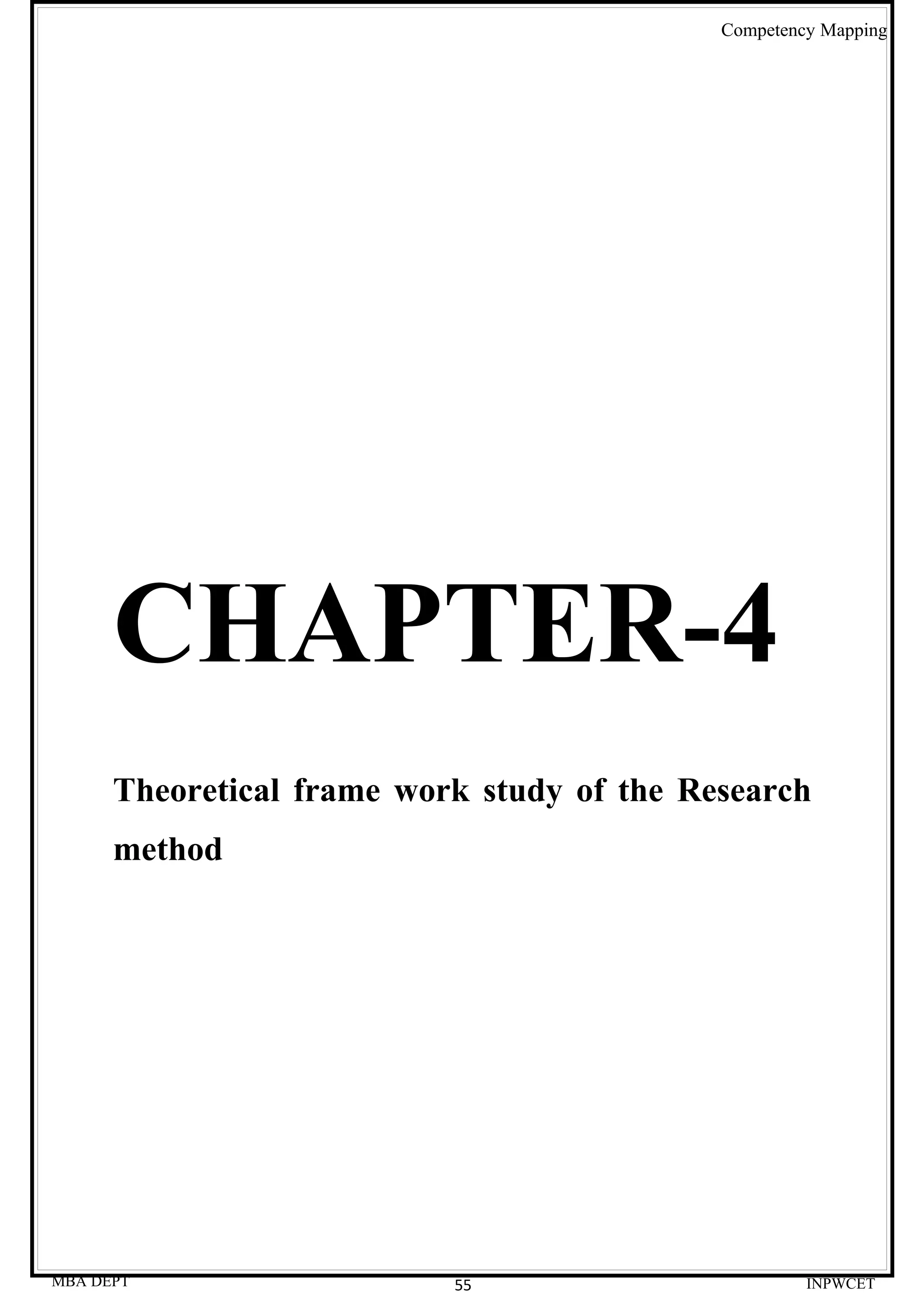 Competency Mapping




      CHAPTER-4
      Theoretical frame work study of the Research
      method




MBA DEPT                   55                        INPWCET
 
