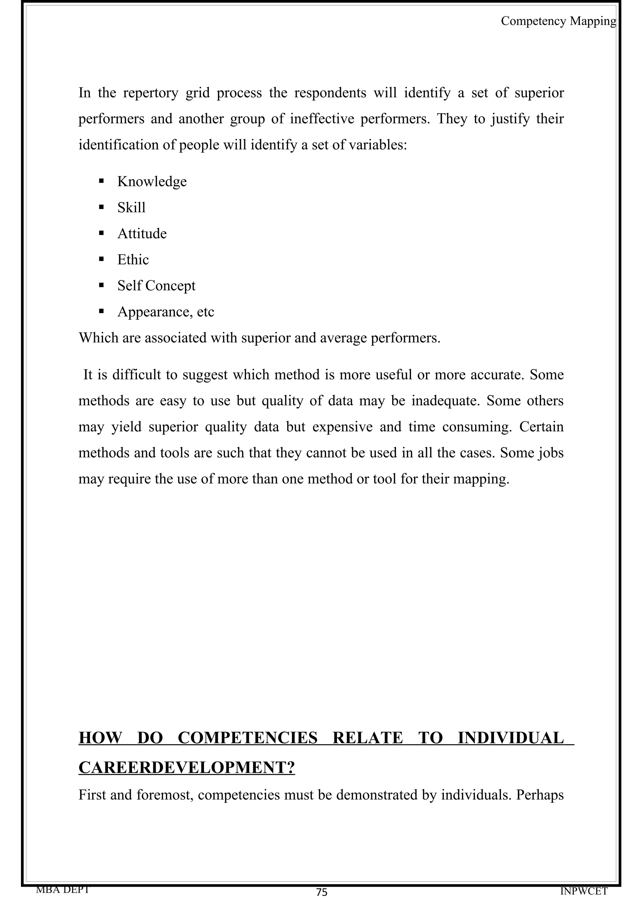 Competency Mapping




      In the repertory grid process the respondents will identify a set of superior
      performers and another group of ineffective performers. They to justify their
      identification of people will identify a set of variables:

            Knowledge
            Skill
            Attitude
            Ethic
            Self Concept
            Appearance, etc
      Which are associated with superior and average performers.

      It is difficult to suggest which method is more useful or more accurate. Some
      methods are easy to use but quality of data may be inadequate. Some others
      may yield superior quality data but expensive and time consuming. Certain
      methods and tools are such that they cannot be used in all the cases. Some jobs
      may require the use of more than one method or tool for their mapping.




      HOW DO COMPETENCIES RELATE TO INDIVIDUAL
      CAREERDEVELOPMENT?
      First and foremost, competencies must be demonstrated by individuals. Perhaps




MBA DEPT                                       75                                   INPWCET
 