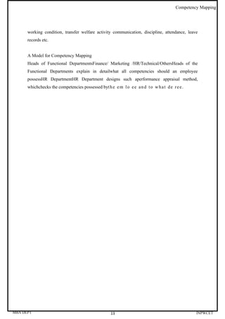 Competency Mapping




      working condition, transfer welfare activity communication, discipline, attendance, leave
      records etc.


      A Model for Competency Mapping
      Heads of Functional DepartmentsFinance/ Marketing /HR/Technical/OthersHeads of the
      Functional Departments explain in detailwhat all competencies should an employee
      possessHR DepartmentHR Department designs such aperformance appraisal method,
      whichchecks the competencies possessed byt h e e m l o e e a n d t o w h a t d e r e e .




MBA DEPT                                            13                                            INPWCET
 