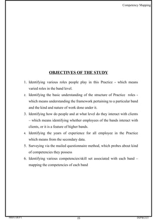 Competency Mapping




                               OBJECTIVES OF THE STUDY

           1. Identifying various roles people play in this Practice - which means
                varied roles in the band level.
           2.   Identifying the basic understanding of the structure of Practice roles -
                which means understanding the framework pertaining to a particular band
                and the kind and nature of work done under it.
           3. Identifying how do people and at what level do they interact with clients
                – which means identifying whether employees of the bands interact with
                clients, or it is a feature of higher bands.
           4.   Identifying the years of experience for all employee in the Practice
                which means from the secondary data.
           5. Surveying via the mailed questionnaire method, which probes about kind
                of competencies they possess
           6. Identifying various competencies/skill set associated with each band –
                mapping the competencies of each band




MBA DEPT                                           15                                  INPWCET
 