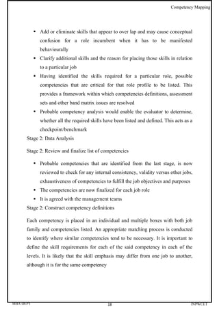 Competency Mapping




            Add or eliminate skills that appear to over lap and may cause conceptual
              confusion for a role incumbent when it has to be manifested
              behaviourally
            Clarify additional skills and the reason for placing those skills in relation
              to a particular job
            Having identified the skills required for a particular role, possible
              competencies that are critical for that role profile to be listed. This
              provides a framework within which competencies definitions, assessment
              sets and other band matrix issues are resolved
            Probable competency analysis would enable the evaluator to determine,
              whether all the required skills have been listed and defined. This acts as a
              checkpoint/benchmark
      Stage 2: Data Analysis

      Stage 2: Review and finalize list of competencies

            Probable competencies that are identified from the last stage, is now
              reviewed to check for any internal consistency, validity versus other jobs,
              exhaustiveness of competencies to fulfill the job objectives and purposes
            The competencies are now finalized for each job role
            It is agreed with the management teams
      Stage 2: Construct competency definitions

      Each competency is placed in an individual and multiple boxes with both job
      family and competencies listed. An appropriate matching process is conducted
      to identify where similar competencies tend to be necessary. It is important to
      define the skill requirements for each of the said competency in each of the
      levels. It is likely that the skill emphasis may differ from one job to another,
      although it is for the same competency




MBA DEPT                                       18                                         INPWCET
 