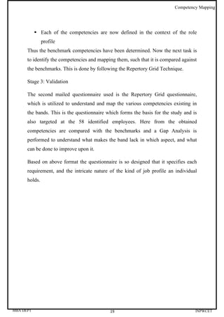 Competency Mapping




            Each of the competencies are now defined in the context of the role
               profile
      Thus the benchmark competencies have been determined. Now the next task is
      to identify the competencies and mapping them, such that it is compared against
      the benchmarks. This is done by following the Repertory Grid Technique.

      Stage 3: Validation

      The second mailed questionnaire used is the Repertory Grid questionnaire,
      which is utilized to understand and map the various competencies existing in
      the bands. This is the questionnaire which forms the basis for the study and is
      also targeted at the 58 identified employees. Here from the obtained
      competencies are compared with the benchmarks and a Gap Analysis is
      performed to understand what makes the band lack in which aspect, and what
      can be done to improve upon it.

      Based on above format the questionnaire is so designed that it specifies each
      requirement, and the intricate nature of the kind of job profile an individual
      holds.




MBA DEPT                                    19                                      INPWCET
 