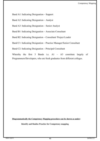Competency Mapping




      Band A1: Indicating Designation – Support

      Band A2: Indicating Designation – Analyst

      Band A3: Indicating Designation – Senior Analyst

      Band B1: Indicating Designation – Associate Consultant

      Band B2: Indicating Designation – Consultant/ Project Leader

      Band C1: Indicating Designation – Practice Manager/Senior Consultant

      Band C2: Indicating Designation – Principal Consultant

      Whereby the      first   3 Bands    i.e.        A1 –   A3 constitute largely   of
      Programmers/Developers, who are fresh graduates from different colleges.




      Diagrammatically the Competency Mapping procedure can be shown as under:

               Identify and finalize Practice for Competency mapping




MBA DEPT                                         40                                   INPWCET
 