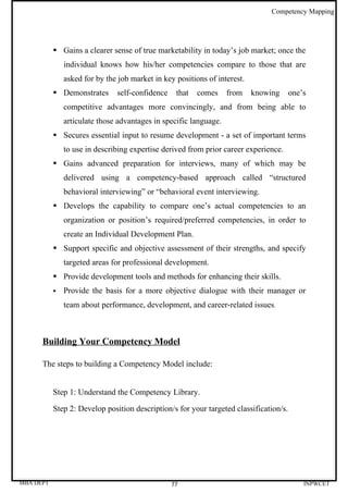 Competency Mapping




            Gains a clearer sense of true marketability in today’s job market; once the
               individual knows how his/her competencies compare to those that are
               asked for by the job market in key positions of interest.
            Demonstrates      self-confidence    that   comes     from    knowing      one’s
               competitive advantages more convincingly, and from being able to
               articulate those advantages in specific language.
            Secures essential input to resume development - a set of important terms
               to use in describing expertise derived from prior career experience.
            Gains advanced preparation for interviews, many of which may be
               delivered using a competency-based approach called “structured
               behavioral interviewing” or “behavioral event interviewing.
            Develops the capability to compare one’s actual competencies to an
               organization or position’s required/preferred competencies, in order to
               create an Individual Development Plan.
            Support specific and objective assessment of their strengths, and specify
               targeted areas for professional development.
            Provide development tools and methods for enhancing their skills.
              Provide the basis for a more objective dialogue with their manager or
               team about performance, development, and career-related issues.



      Building Your Competency Model

      The steps to building a Competency Model include:


           Step 1: Understand the Competency Library.

           Step 2: Develop position description/s for your targeted classification/s.




MBA DEPT                                         77                                         INPWCET
 