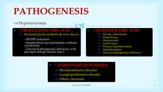  Hyperuricemia
PATHOGENESIS
 ↑ PRODUCTION URIC ACID
 Increased purine synthesis de novo due to:
- HGPRT reduction
- hosphoribosyl-pyrophosphate synthase
overactivity
- Glucose-6-phosphatase deficiency with
glycogen storage disease type 1
 ↓ EXCRETION URIC ACID
 Chronic renal disease
 Drug therapy
 Hypertension
 Lead toxicity
 Primary hyperthyroidism
 Hypothyroidism
 Glucose-6-phosphatase deficiency
 ↑ TURNOVER OF PURINES
 Myeloproliferative disorder
 Lymphoproliferative disorder
 Others; carcinoma
Izatty Lim (0308188) 9
 
