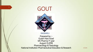 RAEBARELI
Prepared by :-
Gulam Navi Azad
MS Pharma 1st year
August 31,2018
Pharmacology & Toxicology
National Institution Pharmaceutical Education & Research
1
1/27/2019
 