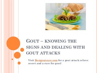 GOUT – KNOWING THE
SIGNS AND DEALING WITH
GOUT ATTACKS
Visit Bestgoutcure.com for a gout attack relieve
secret and a cure for gout!
 