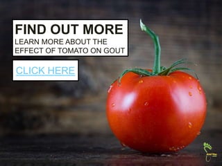 FIND OUT MORE
LEARN MORE ABOUT THE
EFFECT OF TOMATO ON GOUT
CLICK HERE
 