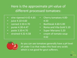 Here is the approximate pH value of
different processed tomatoes:
• vine ripened 4.42-4.65
• juice 4.10-4.60
• canned 3.50-4.70
• puree 4.30-4.47
• paste 3.50-4.70
• strained 4.32-4.58
• Cherry tomatoes 4.00-
4.50
• Beefsteak 4.60-5.00
• Roma and Vita Gold 5.10
• Super Marzano 5.20
• cream of tomato soup
4.62
As you can see tomatoes generally have a pH level
of under 5 so that makes this food very acidic
which is not good for gout sufferers.
 