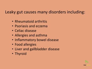 • Rheumatoid arthritis
• Psoriasis and eczema
• Celiac disease
• Allergies and asthma
• Inflammatory bowel disease
• Food allergies
• Liver and gallbladder disease
• Thyroid
Leaky gut causes many disorders including:
 