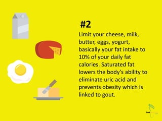 #2
Limit your cheese, milk,
butter, eggs, yogurt,
basically your fat intake to
10% of your daily fat
calories. Saturated f...