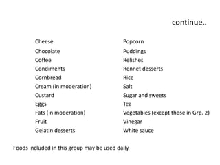 continue..Cheese				Popcorn		Chocolate			Puddings		Coffee				Relishes		Condiments			Rennet desserts		Cornbread			Rice		Cream (in moderation)		Salt		Custard				Sugar and sweets		Eggs				Tea		Fats (in moderation)		Vegetables (except those in Grp. 2)		Fruit				Vinegar		Gelatin desserts			White sauceFoods included in this group may be used daily