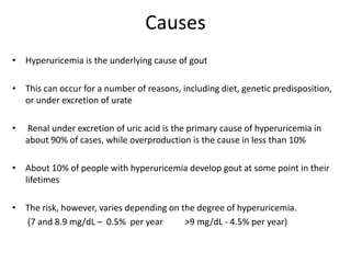 CausesHyperuricemia is the underlying cause of goutThis can occur for a number of reasons, including diet, genetic predisposition, or under excretion of urate Renal under excretion of uric acid is the primary cause of hyperuricemia in about 90% of cases, while overproduction is the cause in less than 10%About 10% of people with hyperuricemia develop gout at some point in their lifetimesThe risk, however, varies depending on the degree of hyperuricemia. 	 (7 and 8.9 mg/dL –  0.5%  per year          >9 mg/dL - 4.5% per year)