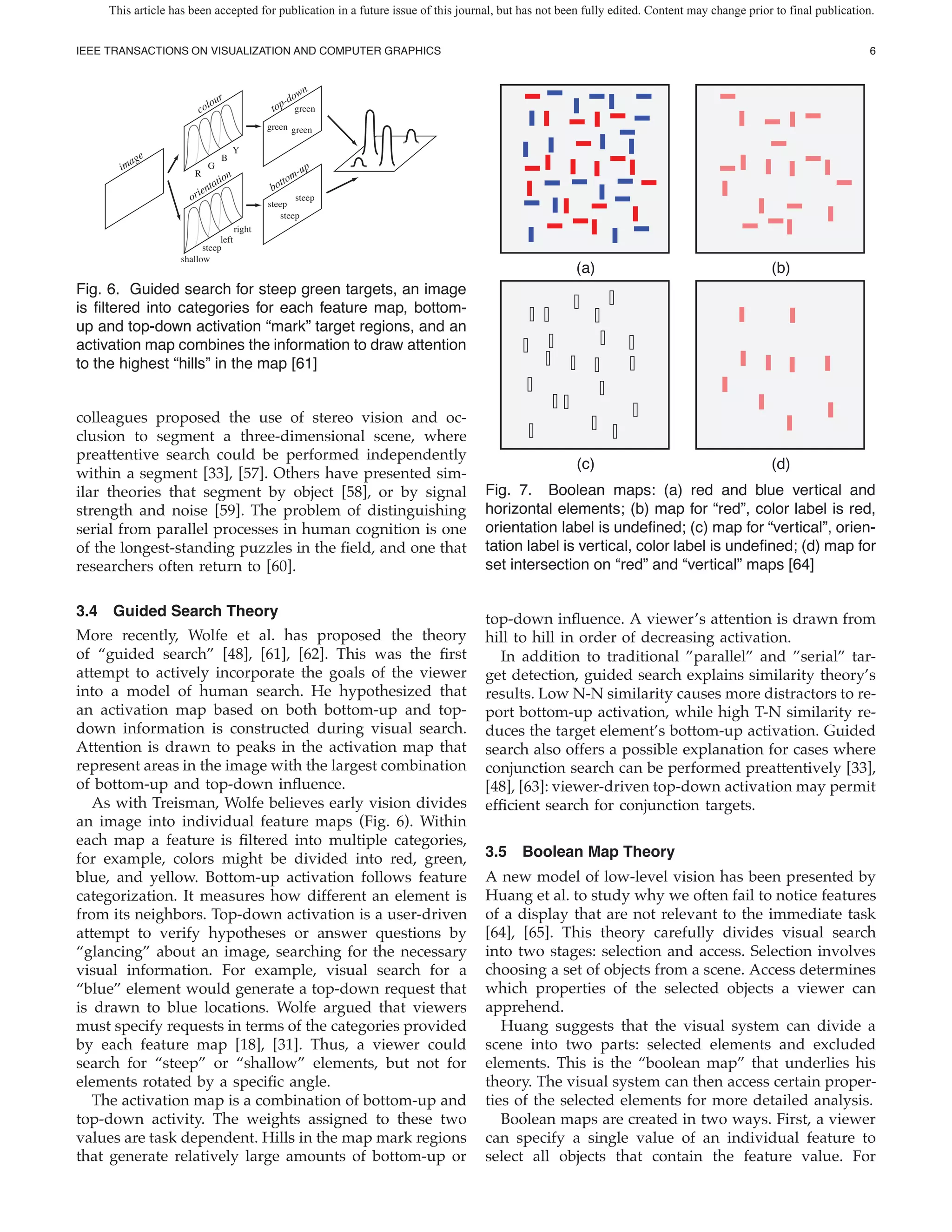 This article has been accepted for publication in a future issue of this journal, but has not been fully edited. Content may change prior to final publication.


IEEE TRANSACTIONS ON VISUALIZATION AND COMPUTER GRAPHICS                                                                                                           6


                                                       wn
                              ou
                                   r               -do
                        col                     top green
                                               green green

                                       Y
              e                    B
            ag
       im                  G                              up
                       R
                              tio
                                 n                      m-
                                                  tto
                           nta                  bo
                      orie                             steep
                                               steep
                                                   steep
                                       right
                              left
                         steep
                   shallow
                                                                                                      (a)                                     (b)
Fig. 6. Guided search for steep green targets, an image
is ltered into categories for each feature map, bottom-
up and top-down activation “mark” target regions, and an
activation map combines the information to draw attention
to the highest “hills” in the map [61]


colleagues proposed the use of stereo vision and oc-
clusion to segment a three-dimensional scene, where
preattentive search could be performed independently
                                                                                                      (c)                                     (d)
within a segment [33], [57]. Others have presented sim-
ilar theories that segment by object [58], or by signal                            Fig. 7. Boolean maps: (a) red and blue vertical and
strength and noise [59]. The problem of distinguishing                             horizontal elements; (b) map for “red”, color label is red,
serial from parallel processes in human cognition is one                           orientation label is unde ned; (c) map for “vertical”, orien-
of the longest-standing puzzles in the eld, and one that                           tation label is vertical, color label is unde ned; (d) map for
researchers often return to [60].                                                  set intersection on “red” and “vertical” maps [64]


3.4 Guided Search Theory                                                           top-down in uence. A viewer’s attention is drawn from
More recently, Wolfe et al. has proposed the theory                                hill to hill in order of decreasing activation.
of “guided search” [48], [61], [62]. This was the rst                                In addition to traditional ”parallel” and ”serial” tar-
attempt to actively incorporate the goals of the viewer                            get detection, guided search explains similarity theory’s
into a model of human search. He hypothesized that                                 results. Low N-N similarity causes more distractors to re-
an activation map based on both bottom-up and top-                                 port bottom-up activation, while high T-N similarity re-
down information is constructed during visual search.                              duces the target element’s bottom-up activation. Guided
Attention is drawn to peaks in the activation map that                             search also offers a possible explanation for cases where
represent areas in the image with the largest combination                          conjunction search can be performed preattentively [33],
of bottom-up and top-down in uence.                                                [48], [63]: viewer-driven top-down activation may permit
   As with Treisman, Wolfe believes early vision divides                           ef cient search for conjunction targets.
an image into individual feature maps (Fig. 6). Within
each map a feature is ltered into multiple categories,
for example, colors might be divided into red, green,                              3.5 Boolean Map Theory
blue, and yellow. Bottom-up activation follows feature                             A new model of low-level vision has been presented by
categorization. It measures how different an element is                            Huang et al. to study why we often fail to notice features
from its neighbors. Top-down activation is a user-driven                           of a display that are not relevant to the immediate task
attempt to verify hypotheses or answer questions by                                [64], [65]. This theory carefully divides visual search
“glancing” about an image, searching for the necessary                             into two stages: selection and access. Selection involves
visual information. For example, visual search for a                               choosing a set of objects from a scene. Access determines
“blue” element would generate a top-down request that                              which properties of the selected objects a viewer can
is drawn to blue locations. Wolfe argued that viewers                              apprehend.
must specify requests in terms of the categories provided                             Huang suggests that the visual system can divide a
by each feature map [18], [31]. Thus, a viewer could                               scene into two parts: selected elements and excluded
search for “steep” or “shallow” elements, but not for                              elements. This is the “boolean map” that underlies his
elements rotated by a speci c angle.                                               theory. The visual system can then access certain proper-
   The activation map is a combination of bottom-up and                            ties of the selected elements for more detailed analysis.
top-down activity. The weights assigned to these two                                  Boolean maps are created in two ways. First, a viewer
values are task dependent. Hills in the map mark regions                           can specify a single value of an individual feature to
that generate relatively large amounts of bottom-up or                             select all objects that contain the feature value. For
 