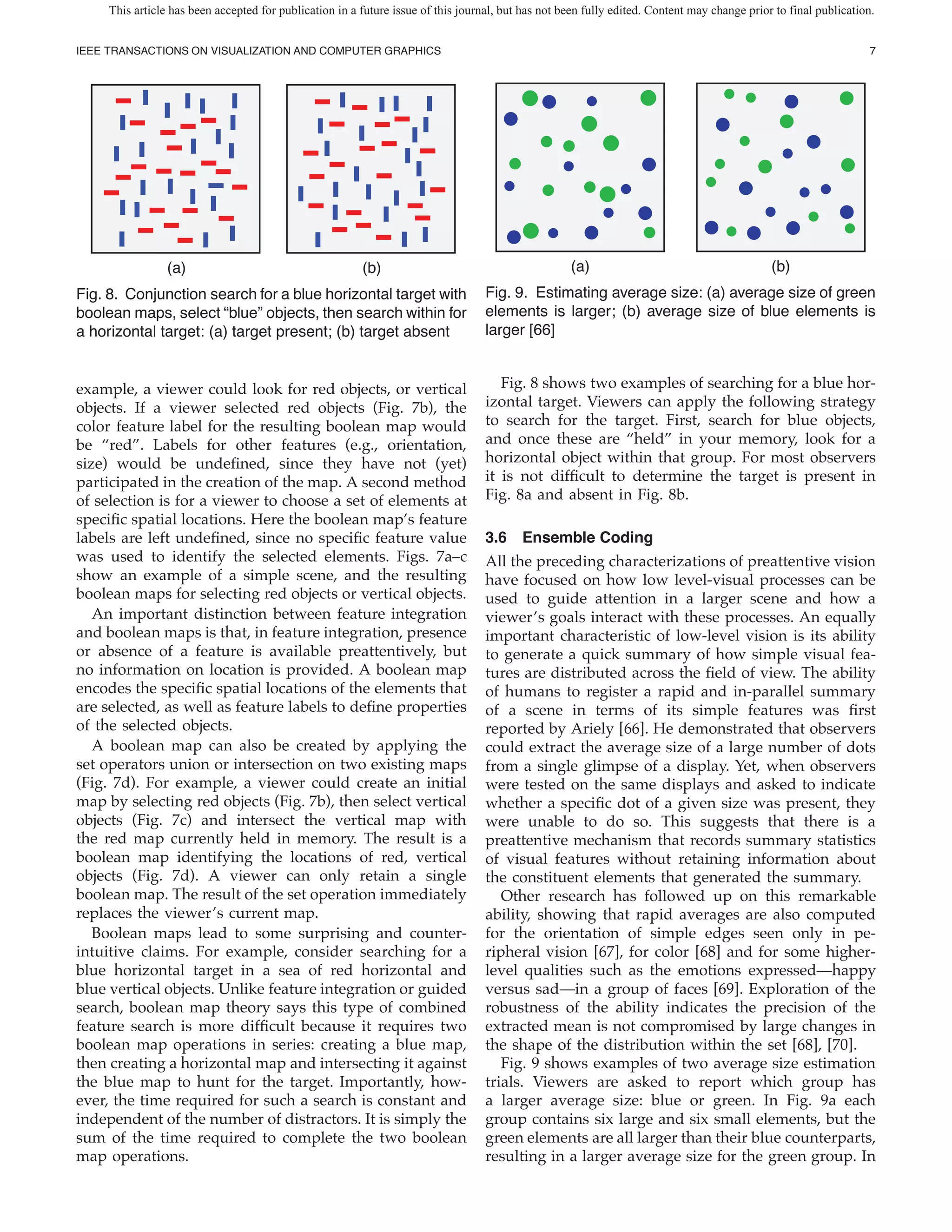This article has been accepted for publication in a future issue of this journal, but has not been fully edited. Content may change prior to final publication.


IEEE TRANSACTIONS ON VISUALIZATION AND COMPUTER GRAPHICS                                                                                                           7




                 (a)                                     (b)                                        (a)                                       (b)
Fig. 8. Conjunction search for a blue horizontal target with                       Fig. 9. Estimating average size: (a) average size of green
boolean maps, select “blue” objects, then search within for                        elements is larger; (b) average size of blue elements is
a horizontal target: (a) target present; (b) target absent                         larger [66]


example, a viewer could look for red objects, or vertical                             Fig. 8 shows two examples of searching for a blue hor-
objects. If a viewer selected red objects (Fig. 7b), the                           izontal target. Viewers can apply the following strategy
color feature label for the resulting boolean map would                            to search for the target. First, search for blue objects,
be “red”. Labels for other features (e.g., orientation,                            and once these are “held” in your memory, look for a
size) would be unde ned, since they have not (yet)                                 horizontal object within that group. For most observers
participated in the creation of the map. A second method                           it is not dif cult to determine the target is present in
of selection is for a viewer to choose a set of elements at                        Fig. 8a and absent in Fig. 8b.
speci c spatial locations. Here the boolean map’s feature
labels are left unde ned, since no speci c feature value                           3.6 Ensemble Coding
was used to identify the selected elements. Figs. 7a–c                             All the preceding characterizations of preattentive vision
show an example of a simple scene, and the resulting                               have focused on how low level-visual processes can be
boolean maps for selecting red objects or vertical objects.                        used to guide attention in a larger scene and how a
   An important distinction between feature integration                            viewer’s goals interact with these processes. An equally
and boolean maps is that, in feature integration, presence                         important characteristic of low-level vision is its ability
or absence of a feature is available preattentively, but                           to generate a quick summary of how simple visual fea-
no information on location is provided. A boolean map                              tures are distributed across the eld of view. The ability
encodes the speci c spatial locations of the elements that                         of humans to register a rapid and in-parallel summary
are selected, as well as feature labels to de ne properties                        of a scene in terms of its simple features was rst
of the selected objects.                                                           reported by Ariely [66]. He demonstrated that observers
   A boolean map can also be created by applying the                               could extract the average size of a large number of dots
set operators union or intersection on two existing maps                           from a single glimpse of a display. Yet, when observers
(Fig. 7d). For example, a viewer could create an initial                           were tested on the same displays and asked to indicate
map by selecting red objects (Fig. 7b), then select vertical                       whether a speci c dot of a given size was present, they
objects (Fig. 7c) and intersect the vertical map with                              were unable to do so. This suggests that there is a
the red map currently held in memory. The result is a                              preattentive mechanism that records summary statistics
boolean map identifying the locations of red, vertical                             of visual features without retaining information about
objects (Fig. 7d). A viewer can only retain a single                               the constituent elements that generated the summary.
boolean map. The result of the set operation immediately                              Other research has followed up on this remarkable
replaces the viewer’s current map.                                                 ability, showing that rapid averages are also computed
   Boolean maps lead to some surprising and counter-                               for the orientation of simple edges seen only in pe-
intuitive claims. For example, consider searching for a                            ripheral vision [67], for color [68] and for some higher-
blue horizontal target in a sea of red horizontal and                              level qualities such as the emotions expressed—happy
blue vertical objects. Unlike feature integration or guided                        versus sad—in a group of faces [69]. Exploration of the
search, boolean map theory says this type of combined                              robustness of the ability indicates the precision of the
feature search is more dif cult because it requires two                            extracted mean is not compromised by large changes in
boolean map operations in series: creating a blue map,                             the shape of the distribution within the set [68], [70].
then creating a horizontal map and intersecting it against                            Fig. 9 shows examples of two average size estimation
the blue map to hunt for the target. Importantly, how-                             trials. Viewers are asked to report which group has
ever, the time required for such a search is constant and                          a larger average size: blue or green. In Fig. 9a each
independent of the number of distractors. It is simply the                         group contains six large and six small elements, but the
sum of the time required to complete the two boolean                               green elements are all larger than their blue counterparts,
map operations.                                                                    resulting in a larger average size for the green group. In
 