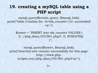 19. creating a mySQL table using a PHP script mysql_query($create_query, $mysql_link); print("Table Creation for <b>tds_counter</b> successful!<p>"); $insert = "INSERT into tds_counter VALUES ( 0, '/php_diary/021901.php3', 0, SYSDATE() )"; mysql_query($insert, $mysql_link); print("Inserted new counter successfully for this page: http://www.php-scripts.com/php_diary/021901.php3<p>"); ?>  