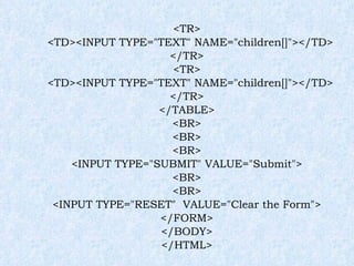 <TR> <TD><INPUT TYPE="TEXT" NAME="children[]"></TD> </TR> <TR> <TD><INPUT TYPE="TEXT" NAME="children[]"></TD> </TR> </TABLE> <BR> <BR> <BR> <INPUT TYPE="SUBMIT" VALUE="Submit"> <BR> <BR> <INPUT TYPE="RESET"  VALUE="Clear the Form"> </FORM> </BODY> </HTML> 