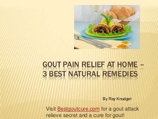 GOUT PAIN RELIEF AT HOME –
3 BEST NATURAL REMEDIES
Visit Bestgoutcure.com for a gout attack
relieve secret and a cure for gout!
By Ray Knudget
 