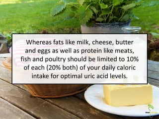 Whereas fats like milk, cheese, butter
and eggs as well as protein like meats,
fish and poultry should be limited to 10%
o...