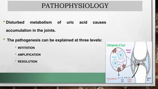 PATHOPHYSIOLOGY
•Disturbed metabolism of uric acid causes
accumulation in the joints.
• The pathogenesis can be explained at three levels:
• INITITATION
• AMPLIFICATION
• RESOLUTION
 