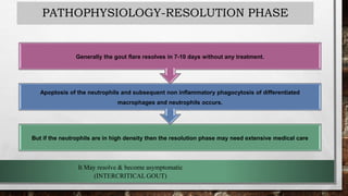 PATHOPHYSIOLOGY-RESOLUTION PHASE
But if the neutrophils are in high density then the resolution phase may need extensive medical care
Apoptosis of the neutrophils and subsequent non inflammatory phagocytosis of differentiated
macrophages and neutrophils occurs.
Generally the gout flare resolves in 7-10 days without any treatment.
It May resolve & become asymptomatic
(INTERCRITICAL GOUT)
 