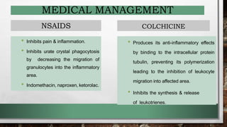 MEDICAL MANAGEMENT
NSAIDS
• Inhibits pain & inflammation.
• Inhibits urate crystal phagocytosis
by decreasing the migration of
granulocytes into the inflammatory
area.
• Indomethacin, naproxen, ketorolac.
COLCHICINE
• Produces its anti-inflammatory effects
by binding to the intracellular protein
tubulin, preventing its polymerization
leading to the inhibition of leukocyte
migration into affected area.
• Inhibits the synthesis & release
of leukotrienes.
 