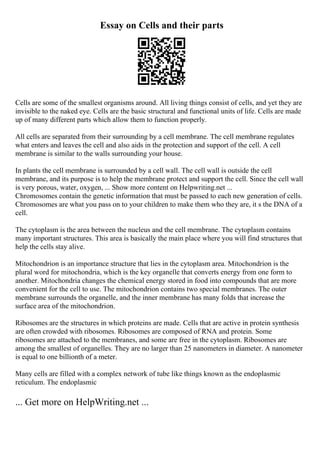 Essay on Cells and their parts
Cells are some of the smallest organisms around. All living things consist of cells, and yet they are
invisible to the naked eye. Cells are the basic structural and functional units of life. Cells are made
up of many different parts which allow them to function properly.
All cells are separated from their surrounding by a cell membrane. The cell membrane regulates
what enters and leaves the cell and also aids in the protection and support of the cell. A cell
membrane is similar to the walls surrounding your house.
In plants the cell membrane is surrounded by a cell wall. The cell wall is outside the cell
membrane, and its purpose is to help the membrane protect and support the cell. Since the cell wall
is very porous, water, oxygen, ... Show more content on Helpwriting.net ...
Chromosomes contain the genetic information that must be passed to each new generation of cells.
Chromosomes are what you pass on to your children to make them who they are, it s the DNA of a
cell.
The cytoplasm is the area between the nucleus and the cell membrane. The cytoplasm contains
many important structures. This area is basically the main place where you will find structures that
help the cells stay alive.
Mitochondrion is an importance structure that lies in the cytoplasm area. Mitochondrion is the
plural word for mitochondria, which is the key organelle that converts energy from one form to
another. Mitochondria changes the chemical energy stored in food into compounds that are more
convenient for the cell to use. The mitochondrion contains two special membranes. The outer
membrane surrounds the organelle, and the inner membrane has many folds that increase the
surface area of the mitochondrion.
Ribosomes are the structures in which proteins are made. Cells that are active in protein synthesis
are often crowded with ribosomes. Ribosomes are composed of RNA and protein. Some
ribosomes are attached to the membranes, and some are free in the cytoplasm. Ribosomes are
among the smallest of organelles. They are no larger than 25 nanometers in diameter. A nanometer
is equal to one billionth of a meter.
Many cells are filled with a complex network of tube like things known as the endoplasmic
reticulum. The endoplasmic
... Get more on HelpWriting.net ...
 