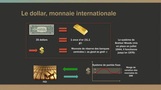 35 dollars 1 once d’or (31,1
gr)
Monnaie de réserve des banques
centrales (« as good as gold »)
Le système de
Bretton Woods (mis
en place en juillet
1944, il fonctionne
jusqu’en 1976)
Système de parités fixes
Marge de
variation des
monnaies du
SMI
+
_
FED
Le dollar, monnaie internationale
 