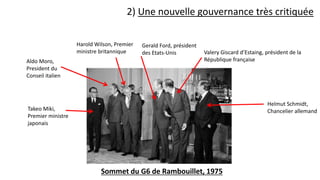 2) Une nouvelle gouvernance très critiquée
Valery Giscard d’Estaing, président de la
République française
Takeo Miki,
Premier ministre
japonais
Gerald Ford, président
des Etats-Unis
Helmut Schmidt,
Chancelier allemand
Harold Wilson, Premier
ministre britannique
Aldo Moro,
President du
Conseil italien
Sommet du G6 de Rambouillet, 1975
 