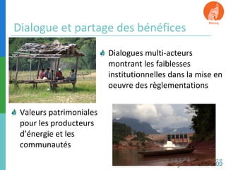 Dialogue et partage des bénéfices 
Dialogues multi-acteurs 
montrant les faiblesses 
institutionnelles dans la mise en 
oeuvre des règlementations 
Valeurs patrimoniales 
pour les producteurs 
d’énergie et les 
communautés 
 