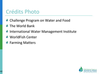 Crédits Photo 
Challenge Program on Water and Food 
The World Bank 
International Water Management Institute 
WorldFish Center 
Farming Matters 
42 
