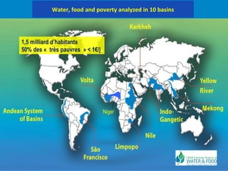 Water, food and poverty analyzed in 10 basins 
Niger 
1,5 milliard d’habitants 
50% des « très pauvres » < 1€/j 
 