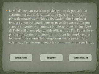 La GE d`une part est (1)un pb delegation de pouvoir des actionnaires aux dirigeants.d`autre part est (2) mise en place de nouveaux modes de regulation plus souples et fondes sur un partenariat ouvert et eclaire entre différents acteurs et parties prenantes, a but de acroisseproductiviteds l`objectif d`une plus grande efficacite de l`E. Et derniere part est(3) parties prenantes,ils  incluent les employes, les fourniseur les clients, les banques ou autres preteurs, le voisinage, l`environnement et la communaute au sens large.actionnairePartie prenantdirigeant