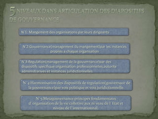 5 niveaux dans articulation des diapositifs de gouvernance..N`1: Mangement des organisations par leurs dirigeantsN`2:Gouvernance(management du mangement)par les instances propres a chaque organisationN`3:Regulation(management de la gouvernance)par des dispositifs specifique:organisation professionnelles,autorite administrarives et instances juridictionnelles.N`4:Harmonisation des dispositifs de regulation(gouvernace de la gouvernance)par vois politique et vois juridictionnelle.N`5:Metagouvernance:principes fondamentaux d`organisation de la vie colletive:aux ni veau de l`Etat et niveau de l`internationnal.