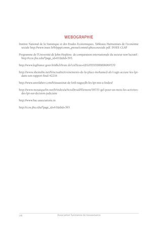 Association Tunisienne de Gouvernance
GOUVERNANCE DES ASSOCIATIONS EN TUNISIE
26
WEBOGRAPHIE
Institut National de la Statistique et des Etudes Economiques, Tableaux Harmonisés de l’économie
sociale http://www.insee.fr/fr/ppp/comm_presse/comm/cphcecosociale.pdf. INSEE CLAP
Programme de l’Université de John Hopkins de comparaison internationale du secteur non lucratif :
http://ccss.jhu.edu/?page_id=61&did=393.
http://www.legifrance.gouv.fr/affichTexte.do?cidTexte=LEGITEXT000006069570
http://www.shemsfm.net/fr/actualite/evenements-de-la-place-mohamed-ali-l-ugtt-accuse-les-lpr-
dans-son-rapport-final-42216
http://www.astrolabetv.com/fr/assassinat-de-lotfi-naguedh-les-lpr-mis-a-lindex/
http://www.mosaiquefm.net/fr/index/a/ActuDetail/Element/18331-gel-pour-un-mois-les-activites-
des-lpr-sur-decision-judiciaire
http://www.bac-associations.tn
http://ccss.jhu.edu/?page_id=61&did=393
 