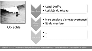 Objectifs
Court Terme
• Appel D’offre
• Activités du réseau
Moyen
terme
• Mise en place d’une gouvernance
• Nb de membre
Long terme
• …
• …
Christophe BATIER - Université de la Polynésie Française - 15 Novembre 2021- CREPS Montpellier – Gouvernance et réseau
 