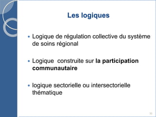 Les logiques
 Logique de régulation collective du système
de soins régional
 Logique construite sur la participation
communautaire
 logique sectorielle ou intersectorielle
thématique
30
 