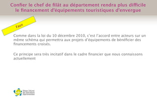 Comme dans la loi du 10 décembre 2010, c’est l’accord entre acteurs sur un
même schéma qui permettra aux projets d’équipements de bénéﬁcier des
ﬁnancements croisés.
Ce principe sera très incitatif dans le cadre ﬁnancier que nous connaissons
actuellement
 
Faux
Conﬁer le chef de ﬁlât au département rendra plus difficile
le ﬁnancement d’équipements touristiques d’envergue
 