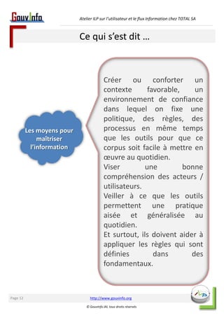 Atelier ILP sur l’utilisateur et le flux Information chez TOTAL SA 
Ce qui s’est dit … 
http://www.gouvinfo.org 
© GouvInfo IAI, tous droits réservés 
Page 12 
Créer ou conforter un 
contexte favorable, un 
environnement de confiance 
dans lequel on fixe une 
politique, des règles, des 
processus en même temps 
que les outils pour que ce 
corpus soit facile à mettre en 
oeuvre au quotidien. 
Viser une bonne 
compréhension des acteurs / 
utilisateurs. 
Veiller à ce que les outils 
permettent une pratique 
aisée et généralisée au 
quotidien. 
Et surtout, ils doivent aider à 
appliquer les règles qui sont 
définies dans des 
fondamentaux. 
Les moyens pour 
maîtriser 
l’information 
 