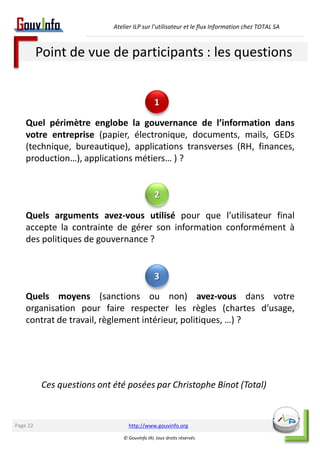 Atelier ILP sur l’utilisateur et le flux Information chez TOTAL SA 
Quel périmètre englobe la gouvernance de l’information dans 
votre entreprise (papier, électronique, documents, mails, GEDs 
(technique, bureautique), applications transverses (RH, finances, 
production…), applications métiers… ) ? 
Quels arguments avez-vous utilisé pour que l’utilisateur final 
accepte la contrainte de gérer son information conformément à 
des politiques de gouvernance ? 
Quels moyens (sanctions ou non) avez-vous dans votre 
organisation pour faire respecter les règles (chartes d’usage, 
contrat de travail, règlement intérieur, politiques, …) ? 
Ces questions ont été posées par Christophe Binot (Total) 
http://www.gouvinfo.org 
© GouvInfo IAI, tous droits réservés 
Page 22 
Point de vue de participants : les questions 
1 
2 
3 
 