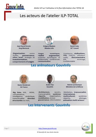 Atelier ILP sur l’utilisateur et le flux Information chez TOTAL SA 
Les acteurs de l’atelier ILP-TOTAL 
http://www.gouvinfo.org 
© GouvInfo IAI, tous droits réservés 
Page 7 
 
