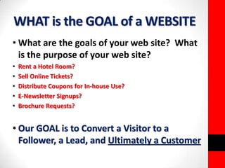 WHAT is the GOAL of a WEBSITE 
• What are the goals of your web site? What 
is the purpose of your web site? 
• Rent a Hotel Room? 
• Sell Online Tickets? 
• Distribute Coupons for In-house Use? 
• E-Newsletter Signups? 
• Brochure Requests? 
• Our GOAL is to Convert a Visitor to a 
Follower, a Lead, and Ultimately a Customer 
 
